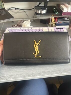 Saint Laurent Kate Clutch - Black Leather Clutch with Gold YSL Monogram